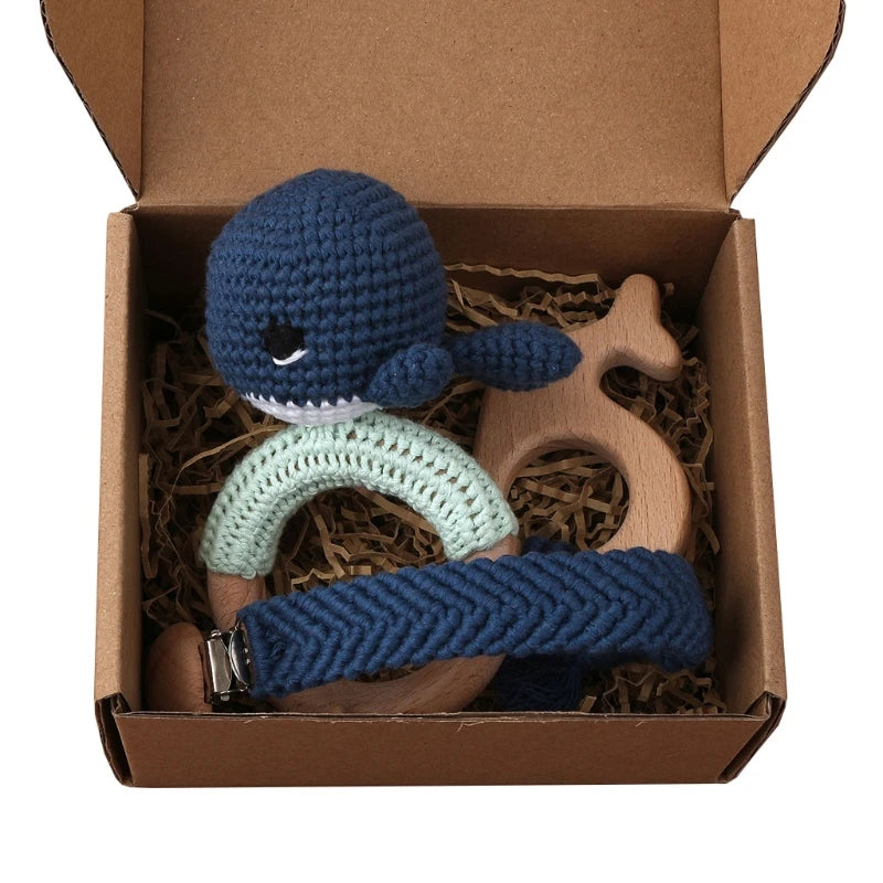 Handmade Crochet Bunny Teether Set- 3PCS Soft & Safe/Natural Beech Wood Baby Rattles