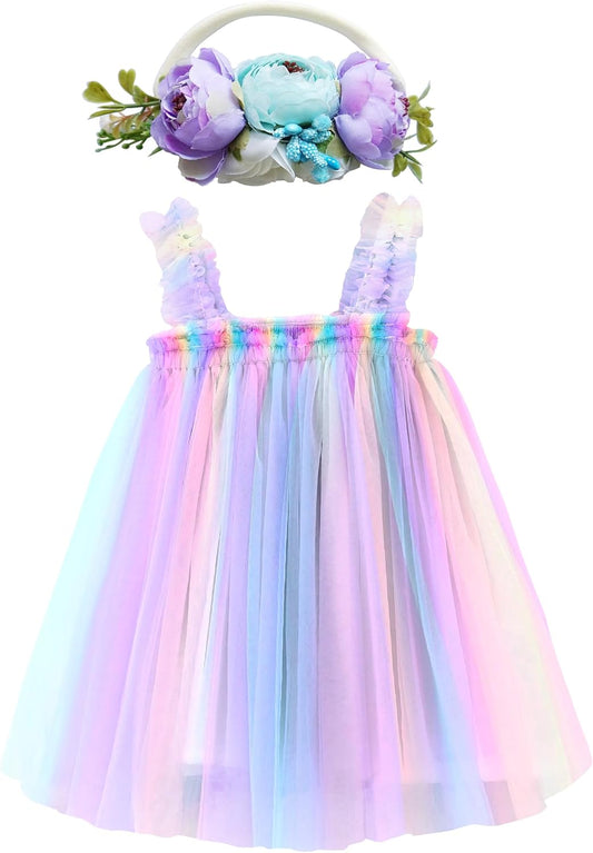 Layered Tulle Tutu Dress for Toddler Girls,Baby Girl Rainbow Tutu Princess Skirt Set with Flower Headband.