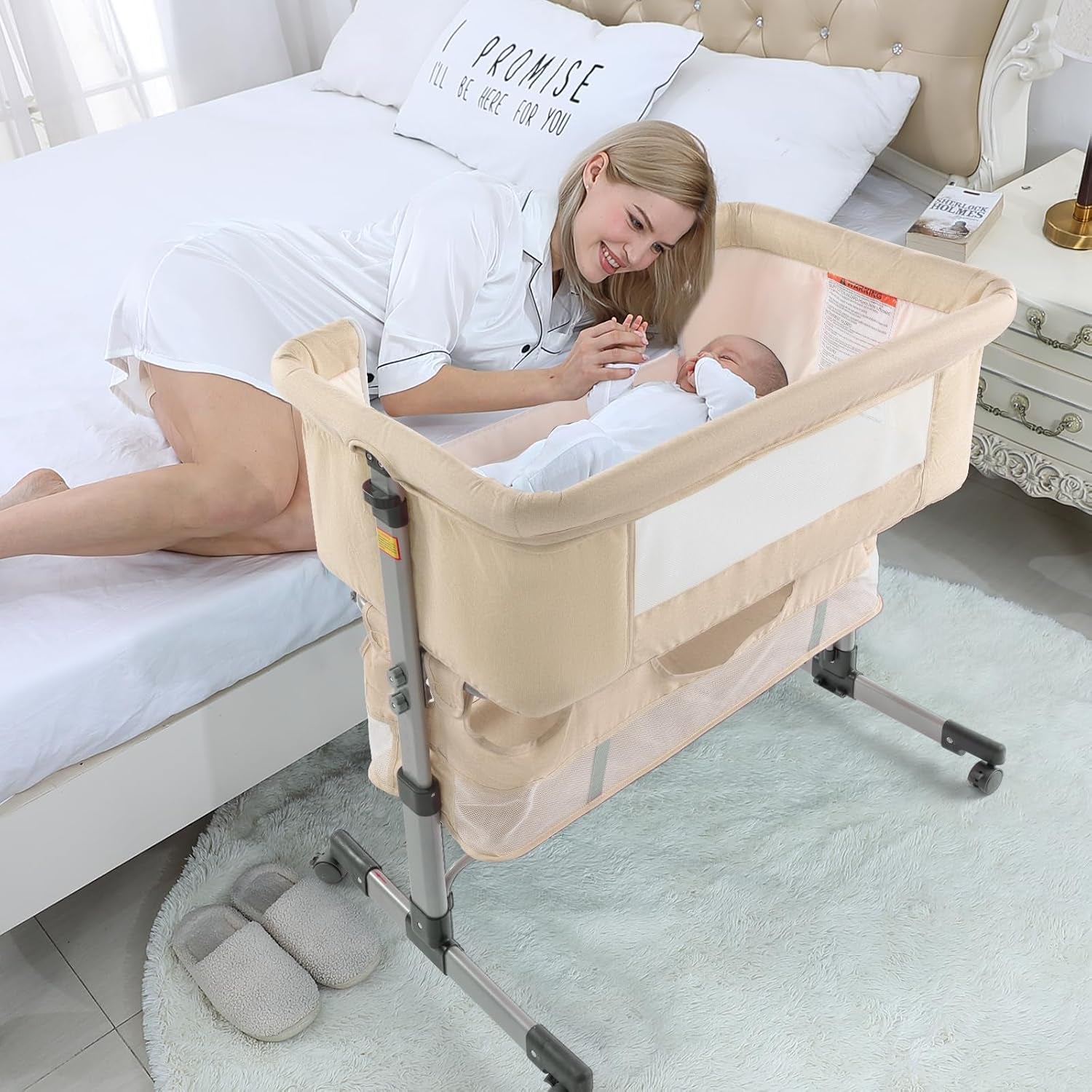 Discover the Ultimate 3-in-1 Bedside Crib for Newborns - Portable, Adjustable, and Stylish in Deep Khaki with Mosquito Net